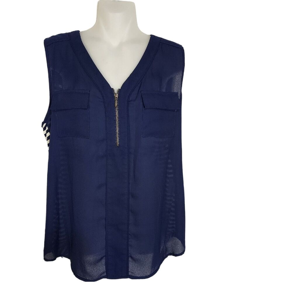 My Michelle Womens Top Medium Blue 1/4 Zip V Neck Sleeveless Pockets Striped